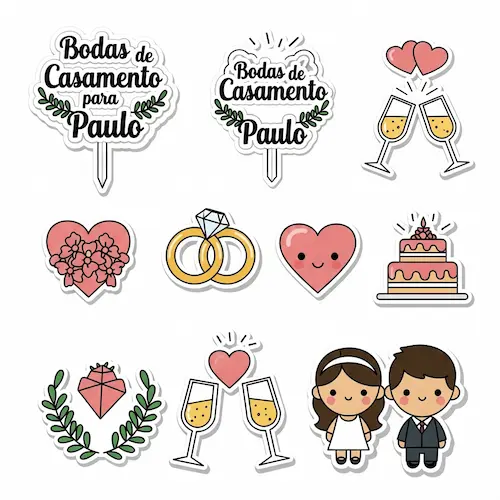 Topo de bolo de casamento personalizado com elementos românticos como alianças, corações e flores, ideal para decoração de bolos de casamento e bodas.