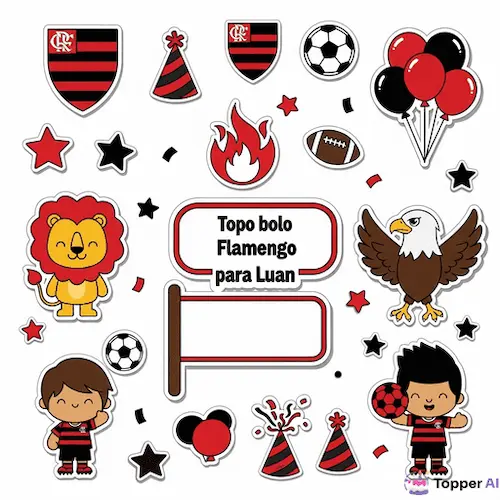 Bolo decorado com tema do Flamengo, com escudo do time, elementos esportivos e cores vermelho e preto, ideal para festas de aniversário de torcedores.