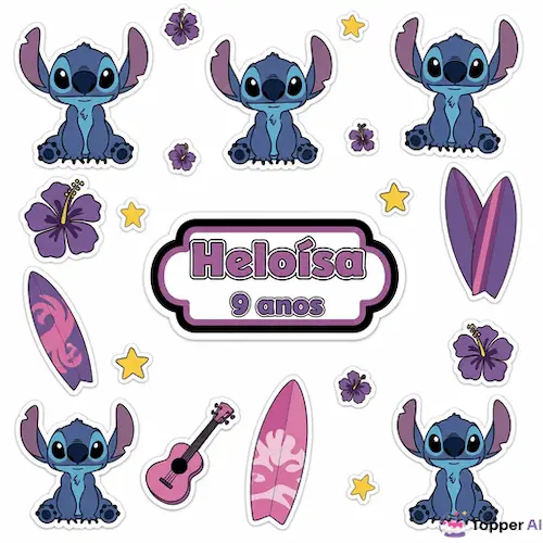 Bolo infantil com tema Stitch, decorado com o personagem, flores e elementos tropicais em tons de azul e lilás, ideal para festas divertidas e criativas.