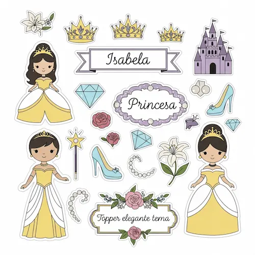Bolo infantil com tema princesas, decorado com coroas, castelo e vestidos, em cores suaves e douradas, ideal para festas de aniversário elegantes.