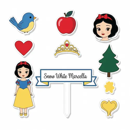 Bolo infantil com tema Branca de Neve, decorado com a personagem, maçã, coração e cores clássicas do conto, perfeito para festas delicadas e temáticas.